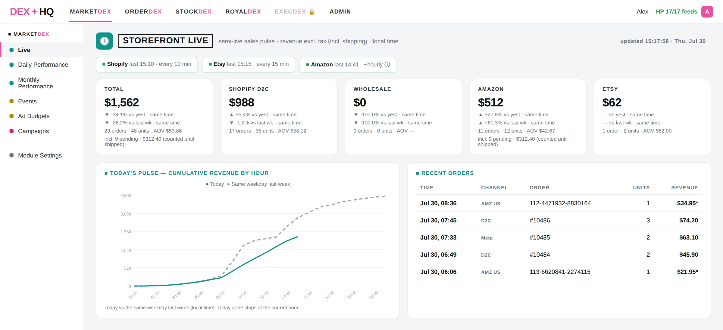 MarketDex live pulse screen